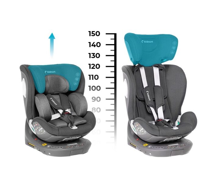 Scaun auto pentru copii, Kidnort, cu baza isofix, picior stabilizator, rotativ 360, i-Size R129, tetiera cu spuma de memorie, 40-150 cm, parasolar reglabil, Orn Grey