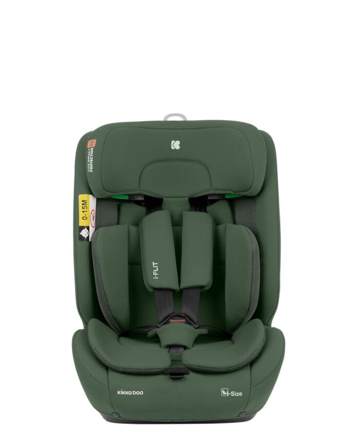 Scaun auto cu isofix KikkaBoo 76-150 cm i-Flit i-SIZE Army Green,conectori Isofix telescopici,tetiera reglabila in 12 pozitii,perna reductor,ghidaj multi centura,SPS-sistem de protectie laterala,top tether,spatar reglabil