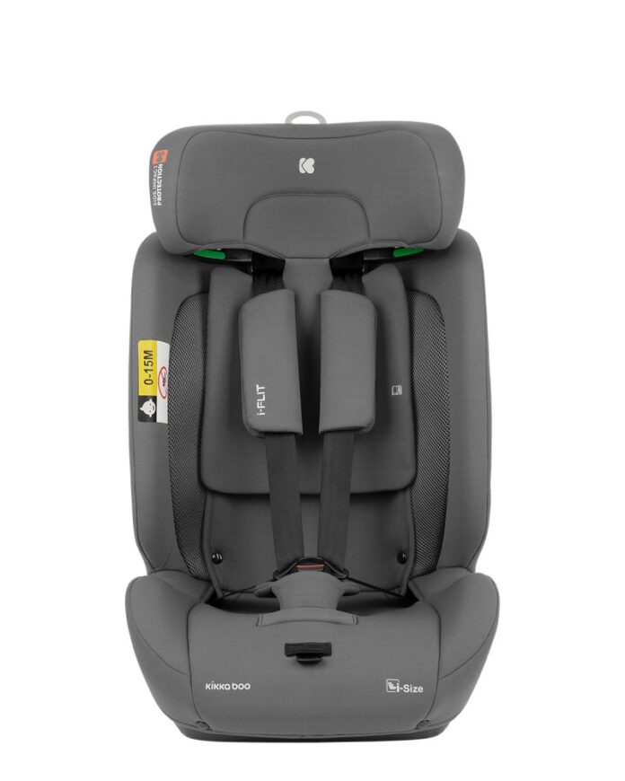 Scaun auto cu isofix KikkaBoo 76-150 cm i-Flit i-SIZE Dark Grey,conectori isofix telescopici,tetiera reglabila in 12 pozitii,perna reductor,ghidaj multi centura,SPS-sistem de protectie laterala,top tether,spatar reglabil