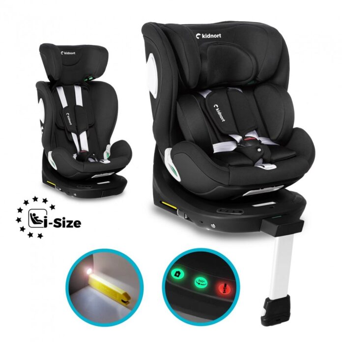 Scaun auto pentru copii, Kidnort, cu baza isofix, picior stabilizator, rotativ 360, i-Size R129, tetiera cu spuma de memorie, 40-150 cm, parasolar reglabil, Orn Grey
