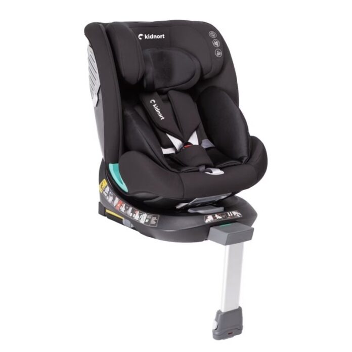 Scaun auto pentru copii, Kidnort, cu isofix, rotativ 360, i-Size R129, cu picior stabilizator si tetiera reglabila, 40-150 cm, dimensiune 46.5 x 35 x 56 cm, Radjur Grey