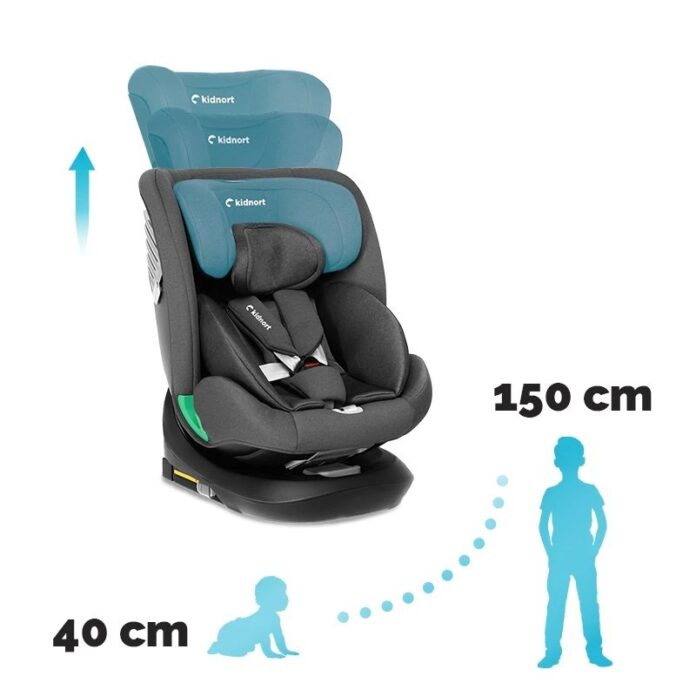 Scaun auto pentru copii, Kidnort Radjur Grey, cu isofix rotativ 360 i-Size 40-150 cm, Top Tether, centuri in 5 puncte, Sistem de impact lateral, baldachin reglabil, pozitie somn