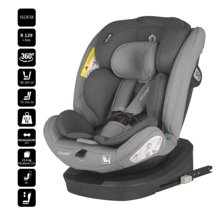 Scaun auto cu Isofix Coccolle Nyota Moonlit Grey 40-150 cm, i-Size, 4 pozitii inclinare, Rotire 360 cu o singura mana, Tetiera reglabila, Husa detasabila, Sistem antibasculare Top Tether, Pozitie somn, 0-12 ani