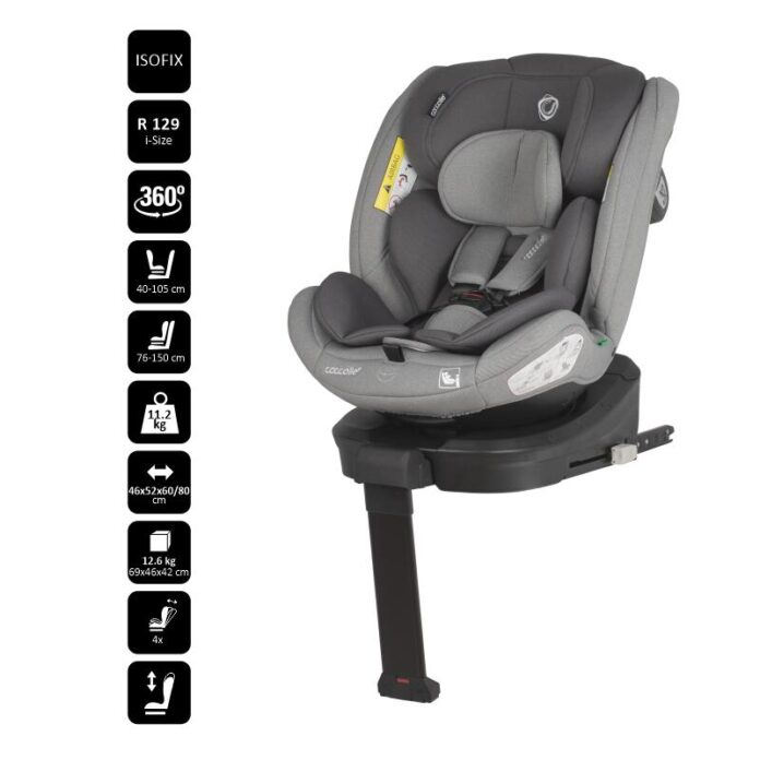 Scaun auto rotativ cu Isofix Coccolle Sidra iSize Premium Line Moonlit Grey 40-150 cm,0-12 ani,4 pozitii de inclinare,Tetiera reglabila,Pozitie somn,Husa detasabila,Sistem antibasculare,Picior de fixare,Omologat R129