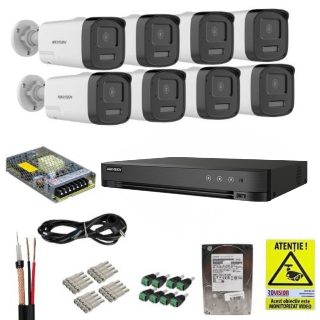 Sistem Supraveghere Analog Hikvision 3K  8 Camere cu Dual Light, Audio Bidirectional, DVR 8 Canale cu Deep Learning, HDD 1TB si Accesorii Montaj