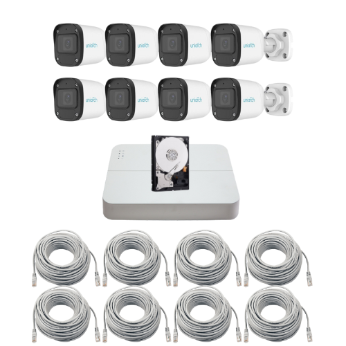 Sistem supraveghere complet IP Uniarch, 8 camere 2MP Full HD, Microfon, IR 30m, Pentru exterior, Vizualizare de pe mobil, NVR 8 canale, Accesorii montaj, HDD 1TB