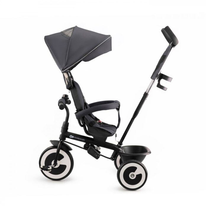 Tricicleta pentru copii Kinderkraft Aston Malachite Grey cu sezut reversibil, roti din spuma Eva, suport pentru picioare, copertina XXL, frana pe rotile din spate, de la varsta de 9 luni