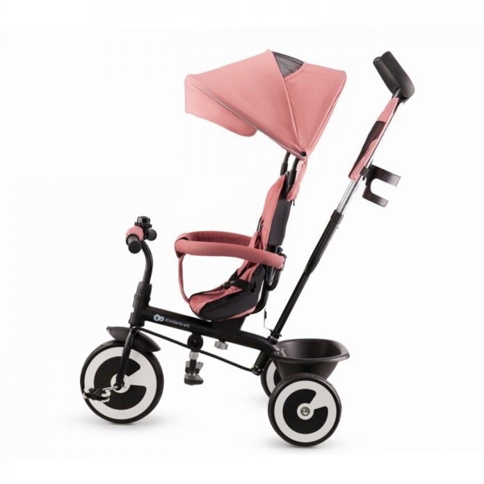 Tricicleta pentru copii Kinderkraft Aston Rose Pink cu sezut reversibil, roti din spuma Eva, suport pentru picioare, copertina XXL, frana pe rotile din spate, de la varsta de 9 luni