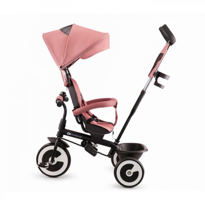 Tricicleta pentru copii Kinderkraft Aston Rose Pink cu sezut reversibil, roti din spuma Eva, suport pentru picioare, copertina XXL, frana pe rotile din spate, de la varsta de 9 luni