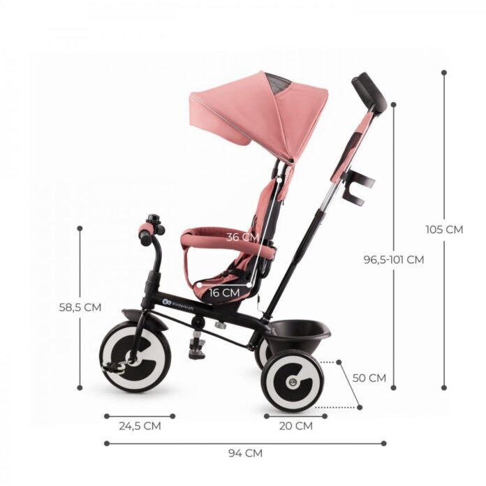 Tricicleta pentru copii Kinderkraft Aston Rose Pink cu sezut reversibil, roti din spuma Eva, suport pentru picioare, copertina XXL, frana pe rotile din spate, de la varsta de 9 luni