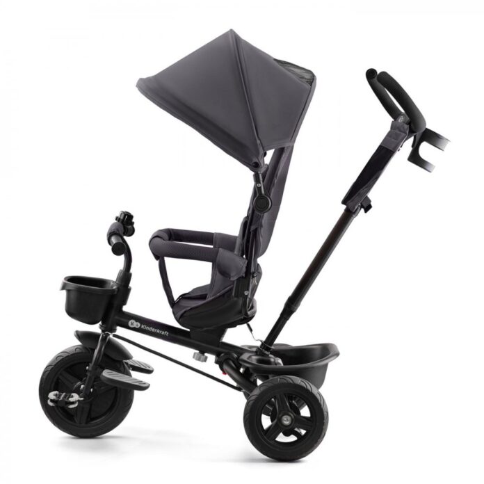 Tricicleta pentru copii Kinderkraft Aveo Malachite Grey de la 9 luni, cu sezut rotativ, suport pentru picioare, maner cu control al directiei, gentuta si cos pentru accesorii