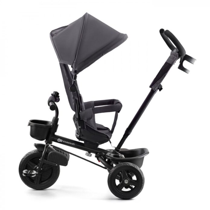 Tricicleta pentru copii Kinderkraft Aveo Malachite Grey de la 9 luni, cu sezut rotativ, suport pentru picioare, maner cu control al directiei, gentuta si cos pentru accesorii