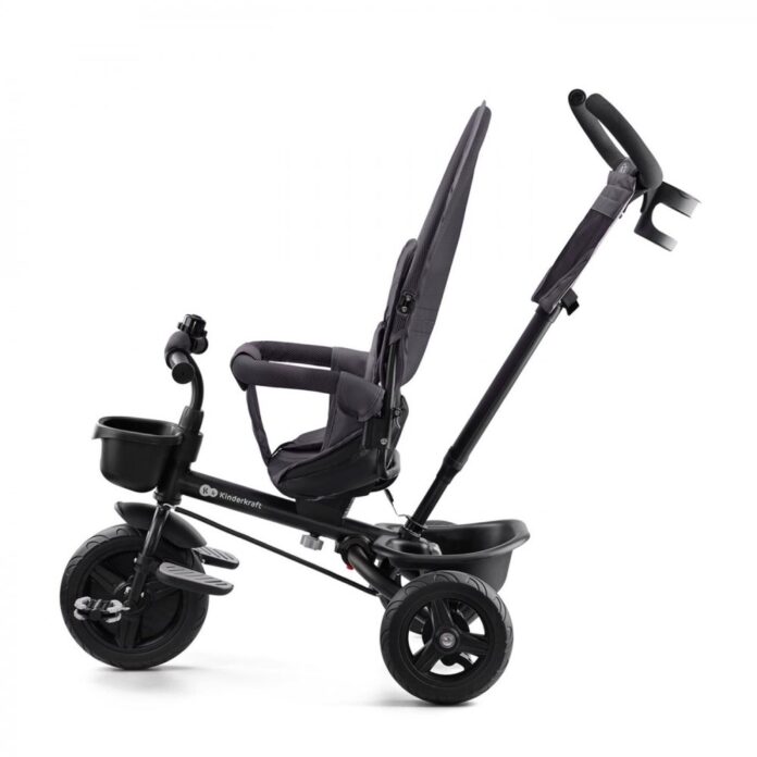 Tricicleta pentru copii Kinderkraft Aveo Malachite Grey de la 9 luni, cu sezut rotativ, suport pentru picioare, maner cu control al directiei, gentuta si cos pentru accesorii