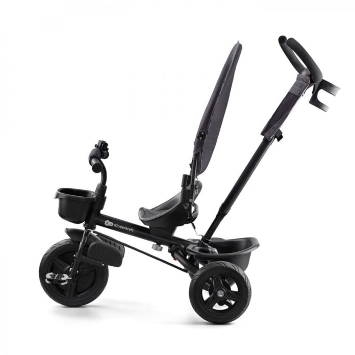 Tricicleta pentru copii Kinderkraft Aveo Malachite Grey de la 9 luni, cu sezut rotativ, suport pentru picioare, maner cu control al directiei, gentuta si cos pentru accesorii