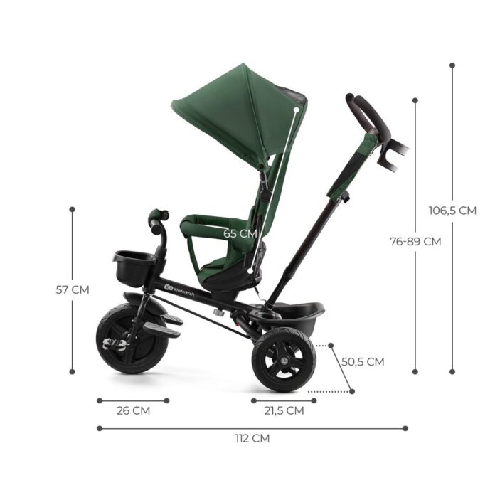Tricicleta pentru copii Kinderkraft Aveo Mystic Green de la 9 luni, cu sezut rotativ, suport pentru picioare, maner cu control al directiei, gentuta si cos pentru accesorii