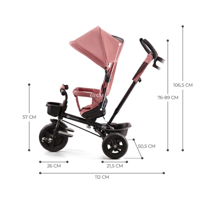 Tricicleta pentru copii Kinderkraft Aveo Rose Pink de la 9 luni, cu sezut rotativ, suport pentru picioare, maner cu control al directiei, gentuta si cos pentru accesorii