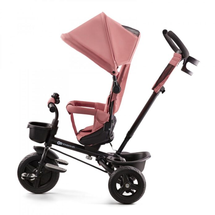 Tricicleta pentru copii Kinderkraft Aveo Rose Pink de la 9 luni, cu sezut rotativ, suport pentru picioare, maner cu control al directiei, gentuta si cos pentru accesorii