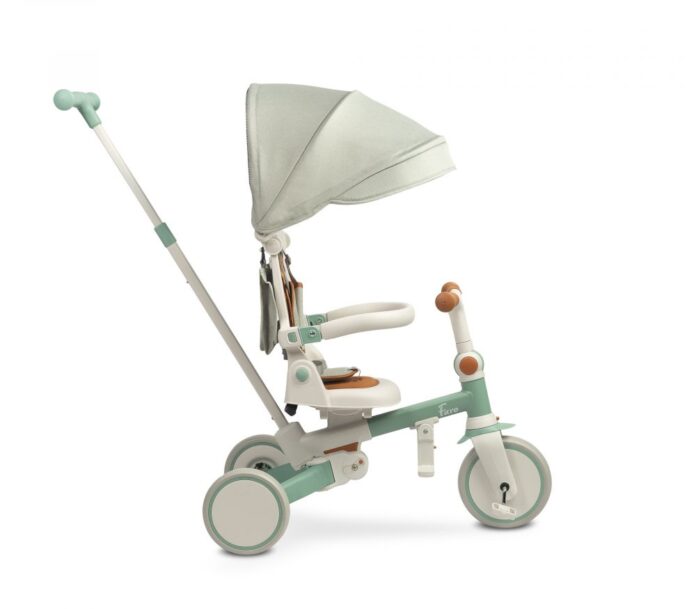 Tricicleta pentru copii Toyz Faro Verde multifunctionala,ultrapliabila,spatar reglabil,scaun moale rotativ,maner parinte detasabil si reglabil in 4 pozitii,centuri de siguranta,roti EVA,pedale detasabile,gentuta inclusa