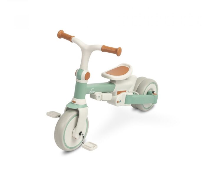 Tricicleta pentru copii Toyz Faro Verde multifunctionala,ultrapliabila,spatar reglabil,scaun moale rotativ,maner parinte detasabil si reglabil in 4 pozitii,centuri de siguranta,roti EVA,pedale detasabile,gentuta inclusa