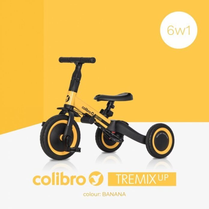 Tricicleta pentru copii Colibro Tremix Up Banana Ride On 5 in 1 transformabila, cu maner, scaun reglabil pe inaltime, maner detasabil