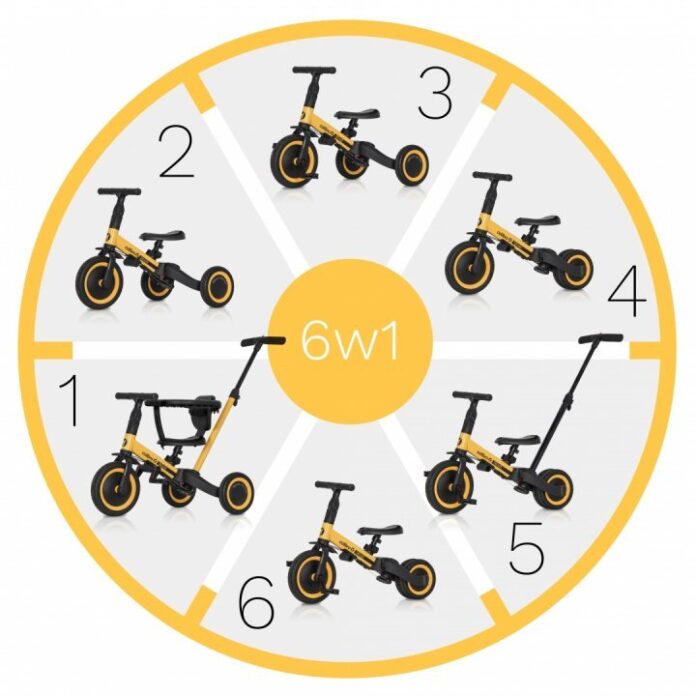 Tricicleta pentru copii Colibro Tremix Up Banana Ride On 5 in 1 transformabila, cu maner, scaun reglabil pe inaltime, maner detasabil