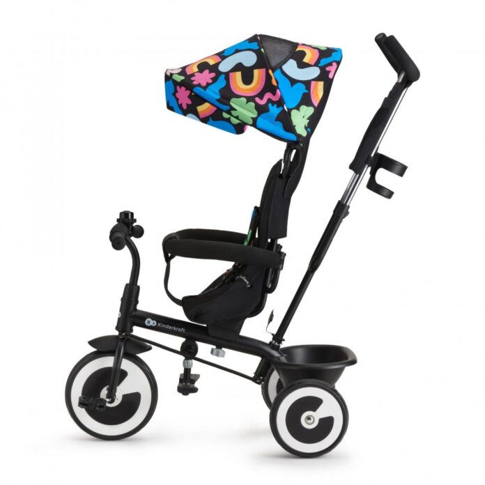 Tricicleta pentru copii Kinderkraft Aston Happy Shapes cu sezut reversibil, roti din spuma Eva, suport pentru picioare, copertina XXL, frana pe rotile din spate, de la varsta de 9 luni