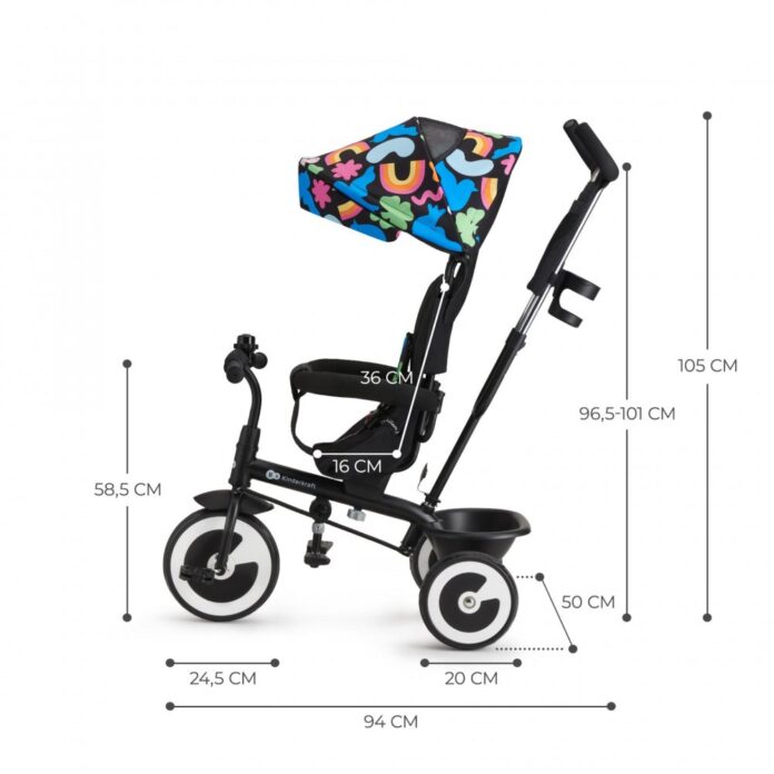 Tricicleta pentru copii Kinderkraft Aston Happy Shapes cu sezut reversibil, roti din spuma Eva, suport pentru picioare, copertina XXL, frana pe rotile din spate, de la varsta de 9 luni