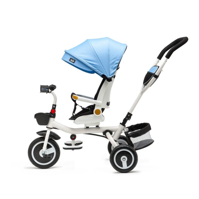 Tricicleta pentru copii Juju Bliss Ride Roz, 3 in 1, pozitie de somn, reversibila, far luminos, Muzica, cos depozitare, gentuta, protectie UV, cauciucuri spuma EVA, greutate maxima admisa 25kg