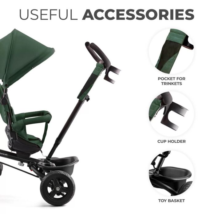 Tricicleta pentru copii Kinderkraft Aveo Mystic Green de la 9 luni, cu sezut rotativ, suport pentru picioare, maner cu control al directiei, gentuta si cos pentru accesorii