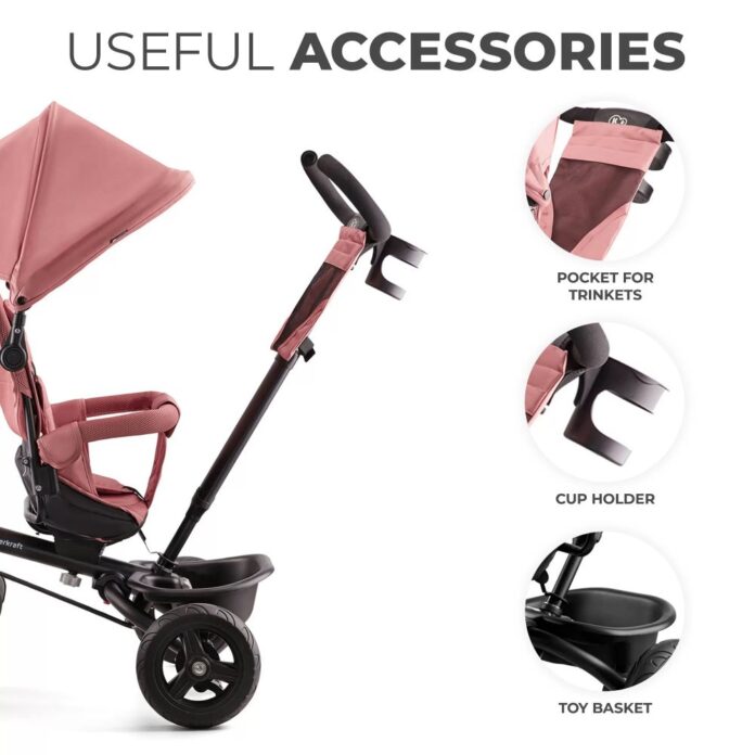 Tricicleta pentru copii Kinderkraft Aveo Rose Pink de la 9 luni, cu sezut rotativ, suport pentru picioare, maner cu control al directiei, gentuta si cos pentru accesorii