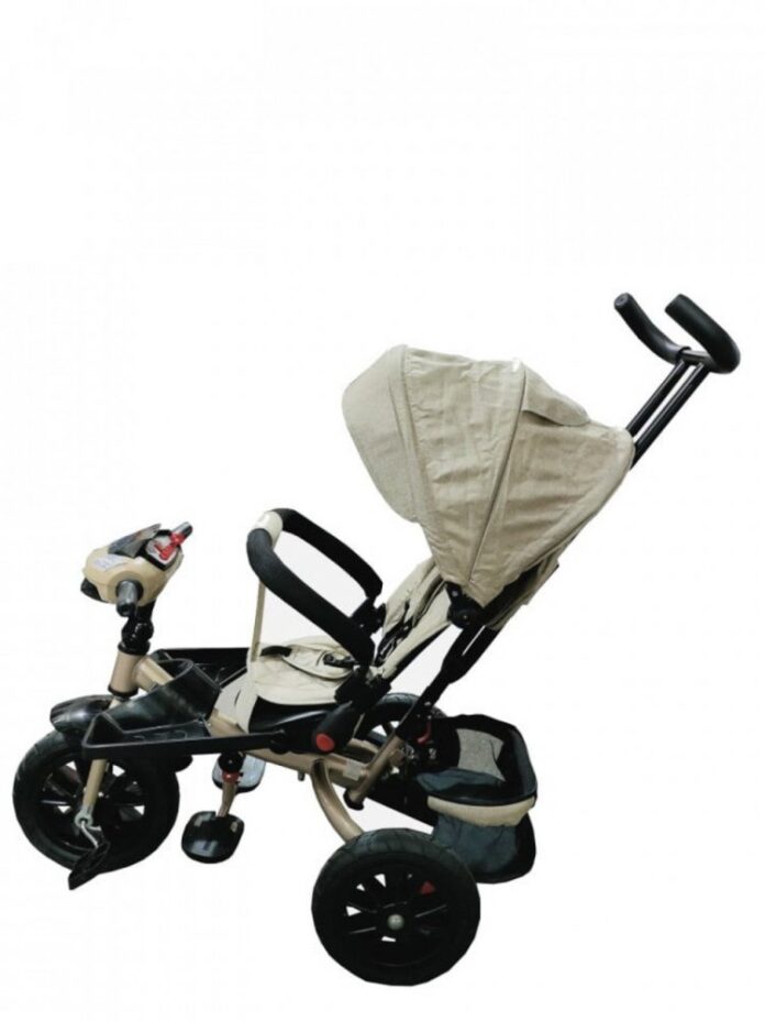 Tricicleta pentru copii Novokids Super Trike Crem cu copertina , melodii si lumini, roti din cauciuc, pozitie somn, scaun reversibil cu rotatie 360 grade