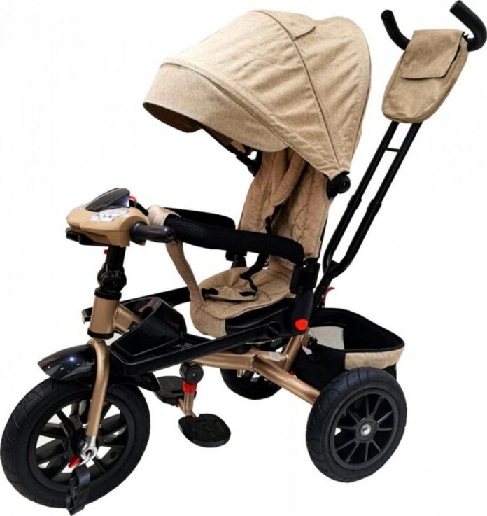 Tricicleta pentru copii Novokids Super Trike Crem cu copertina , melodii si lumini, roti din cauciuc, pozitie somn, scaun reversibil cu rotatie 360 grade