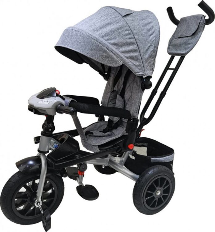 Tricicleta pentru copii Novokids Super Trike Albastru Jeans cu copertina, melodii si lumini, roti din cauciuc, pozitie somn, scaun reversibil cu rotatie 360 grade