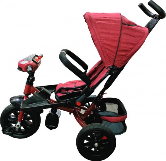 Tricicleta pentru copii Novokids Super Trike Rosu Bordeaux cu copertina, melodii si lumini, roti din cauciuc, pozitie somn, scaun reversibil cu rotatie 360 grade