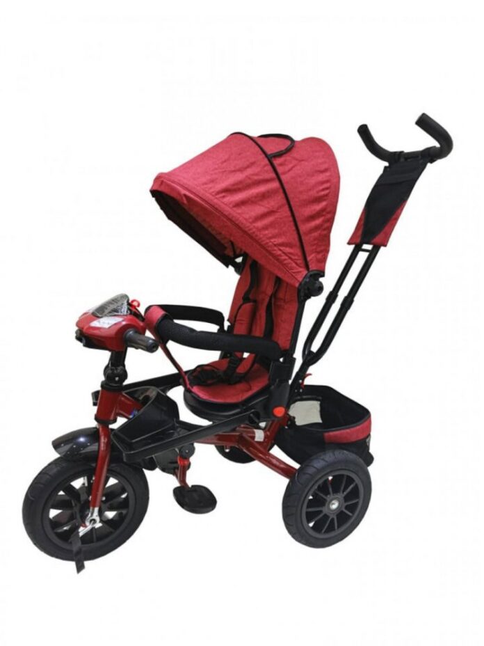 Tricicleta pentru copii Novokids Super Trike Rosu Bordeaux cu copertina, melodii si lumini, roti din cauciuc, pozitie somn, scaun reversibil cu rotatie 360 grade