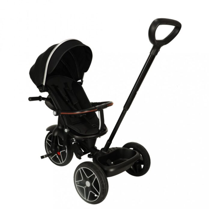Tricicleta pentru copii Ikonka Trike Fix Elite Black, din otel, cu sezut reversibil, spatar ajustabil, bara reglabila, copertina, cu efecte luminoase si sonore, varsta 2-6 ani