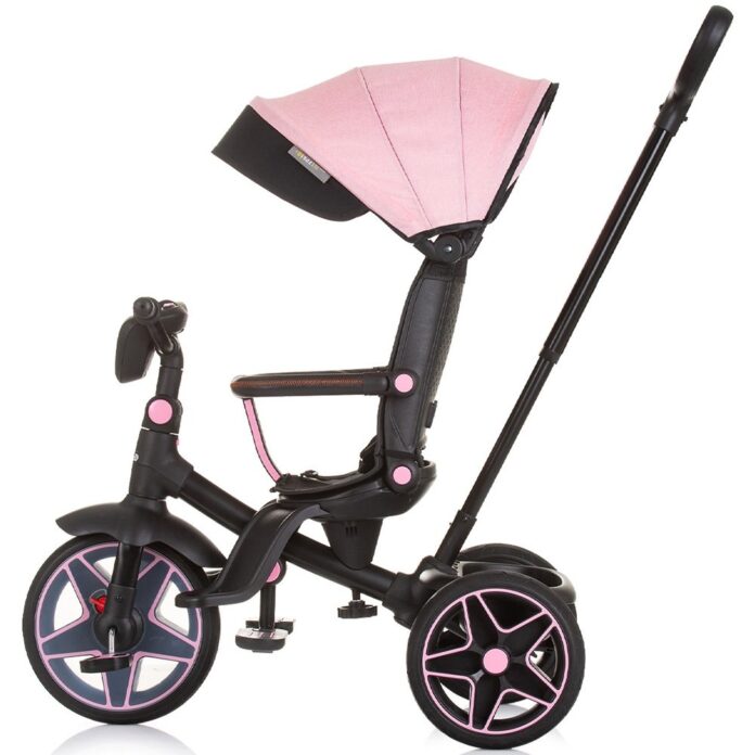 Tricicleta pentru copii Chipolino Derby flamingo, cu copertina si sezut reversibil, spatar reglabil, pozitie somn,frana, suport pentru picioare, maner cu control al directiei, jucarie cu muzica si lumini