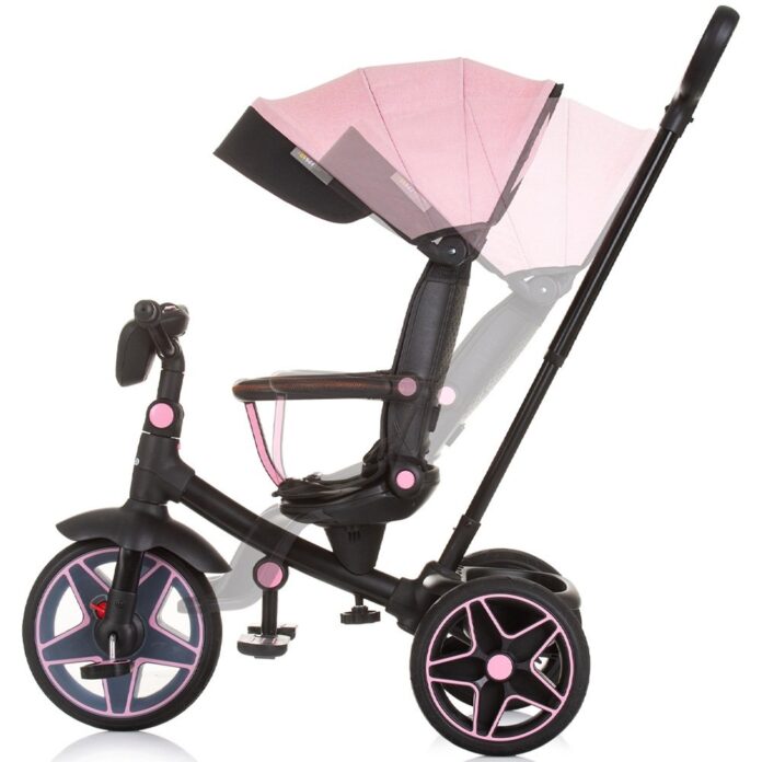Tricicleta pentru copii Chipolino Derby flamingo, cu copertina si sezut reversibil, spatar reglabil, pozitie somn,frana, suport pentru picioare, maner cu control al directiei, jucarie cu muzica si lumini