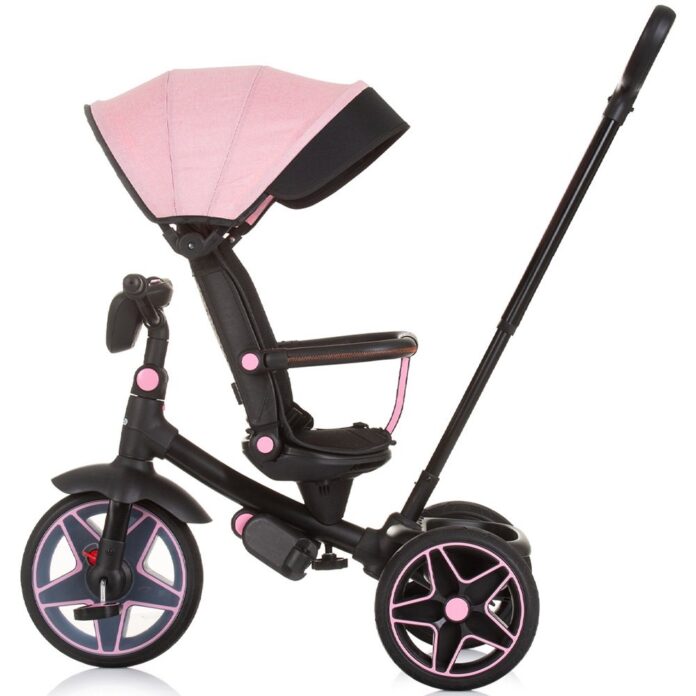 Tricicleta pentru copii Chipolino Derby flamingo, cu copertina si sezut reversibil, spatar reglabil, pozitie somn,frana, suport pentru picioare, maner cu control al directiei, jucarie cu muzica si lumini