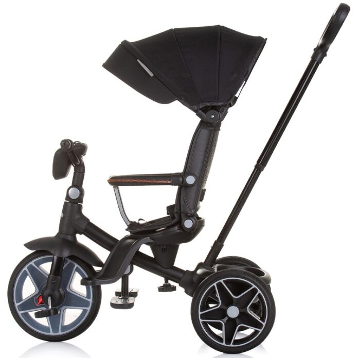 Tricicleta pentru copii Chipolino Derby obsidian, cu copertina si sezut reversibil , spatar reglabil, pozitie somn,frana, suport pentru picioare, maner cu control al directiei, jucarie cu muzica si lumini