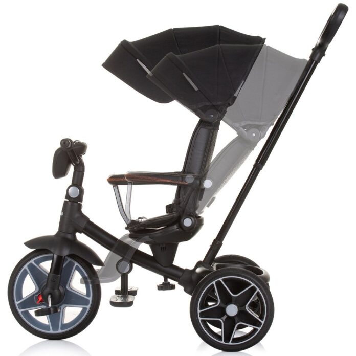 Tricicleta pentru copii Chipolino Derby obsidian, cu copertina si sezut reversibil , spatar reglabil, pozitie somn,frana, suport pentru picioare, maner cu control al directiei, jucarie cu muzica si lumini