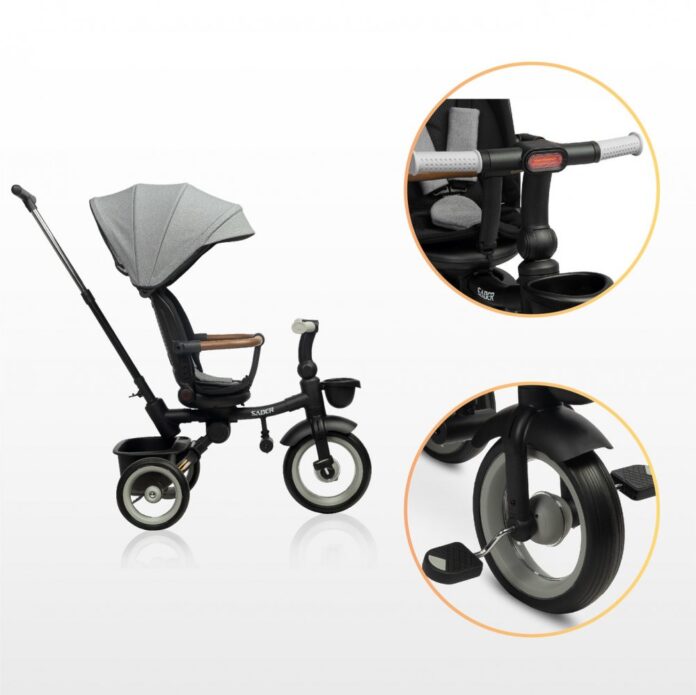 Tricicleta pentru copii Toyz Saber Grey, pliabila, multifunctionala cu spatar reglabil si pozitie de somn, copertina si maner parinte cu inaltime reglabila, pana la 25 kg