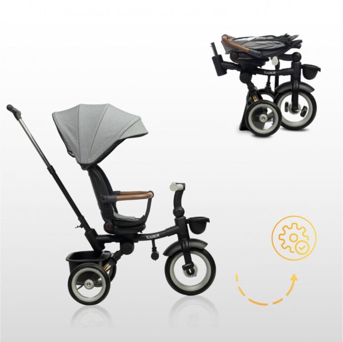 Tricicleta pentru copii Toyz Saber Grey, pliabila, multifunctionala cu spatar reglabil si pozitie de somn, copertina si maner parinte cu inaltime reglabila, pana la 25 kg