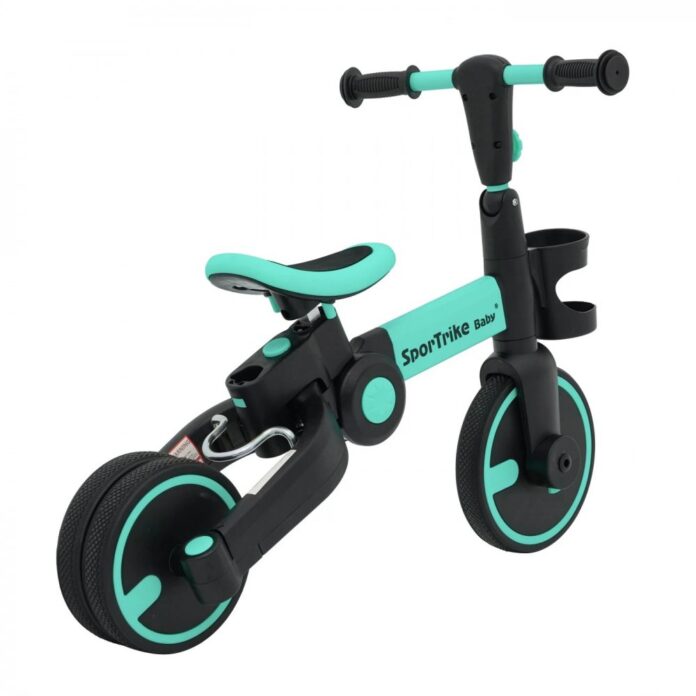 Tricicleta pentru copii SporTrike Happy Albastru 3 in 1, control al directiei, roti din cauciuc si sistem roata libera