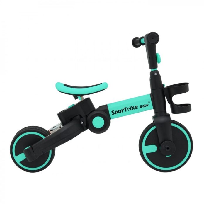 Tricicleta pentru copii SporTrike Happy Albastru 3 in 1, control al directiei, roti din cauciuc si sistem roata libera