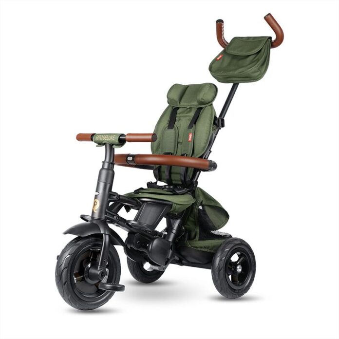 Tricicleta pentru copii Qplay Rito Deluxe verde-maslina, pliabila, cu scaun inalt, matlasat, ajustabil in 2 pozitii, maner cu control al directiei, frana dubla, copertina XXL, detalii de piele ecologica
