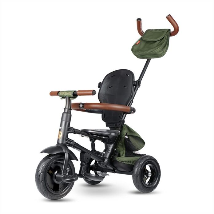 Tricicleta pentru copii Qplay Rito Deluxe verde-maslina, pliabila, cu scaun inalt, matlasat, ajustabil in 2 pozitii, maner cu control al directiei, frana dubla, copertina XXL, detalii de piele ecologica