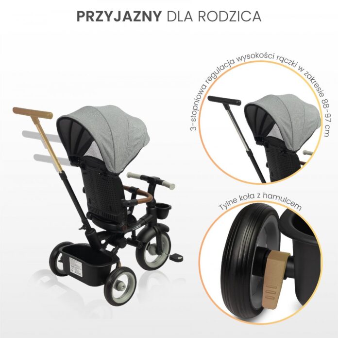 Tricicleta pentru copii Toyz Saber Grey, pliabila, multifunctionala cu spatar reglabil si pozitie de somn, copertina si maner parinte cu inaltime reglabila, pana la 25 kg
