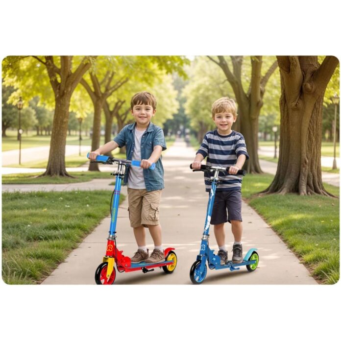 Trotineta pentru copii Ricokids Kodi AlbastruRosu pliabila, inaltime ghidon reglabila, platforma antiderapanta, roti din PU rezistente, rulmenti ABEC-7, 2 frane de mana si picior, manere ergonomice pliabile si cric