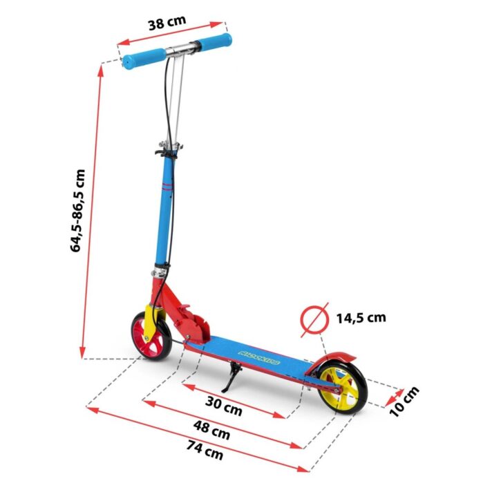 Trotineta pentru copii Ricokids Kodi AlbastruRosu pliabila, inaltime ghidon reglabila, platforma antiderapanta, roti din PU rezistente, rulmenti ABEC-7, 2 frane de mana si picior, manere ergonomice pliabile si cric Trotineta pentru copii Ricokids Kodi AlbastruRosu pliabila, inaltime ghidon reglabila, platforma antiderapanta, roti din PU rezistente, rulmenti ABEC-7, 2 frane de mana si picior, manere ergonomice pliabile si cric